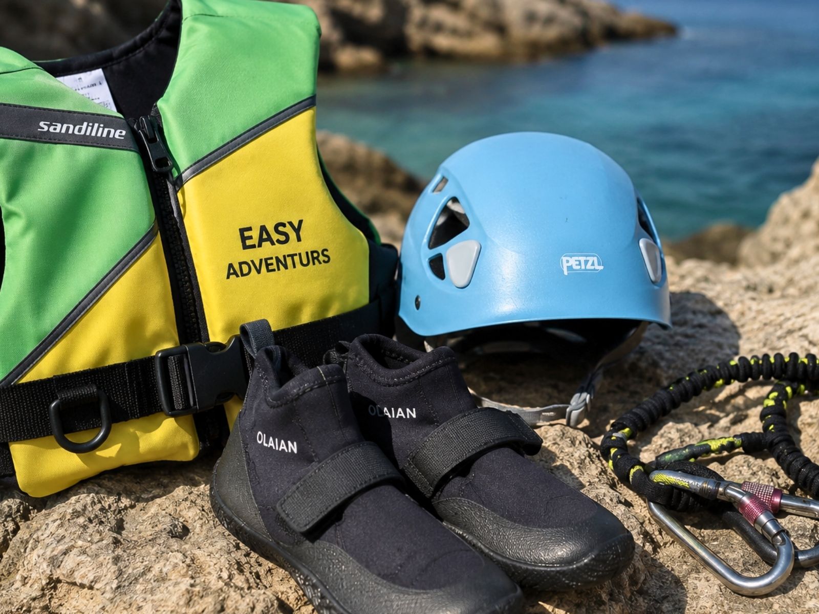 Material técnico de coasteering en Ibiza: casco, neopreno, chaleco y equipo de seguridad